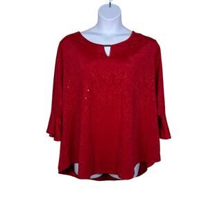 Notations Woman 3X Red Glitter Sparkled Top 3/4 bell sleeves Glam